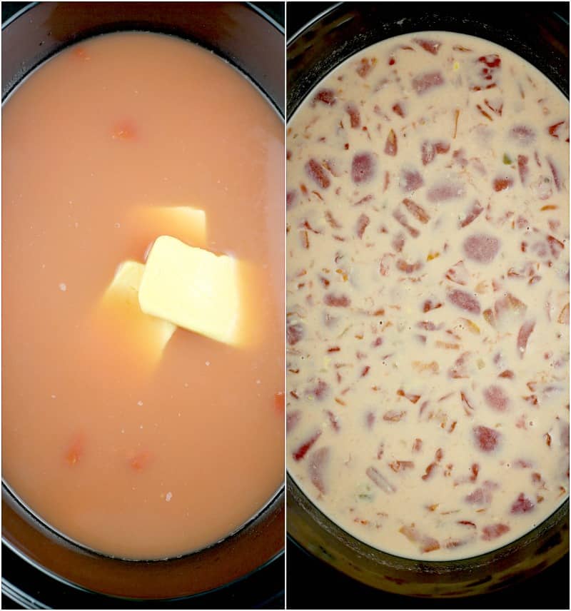 top down view into the slow cooker showing the addition of the Velveeta cheese on the left and the creamy melted combined soup on the right