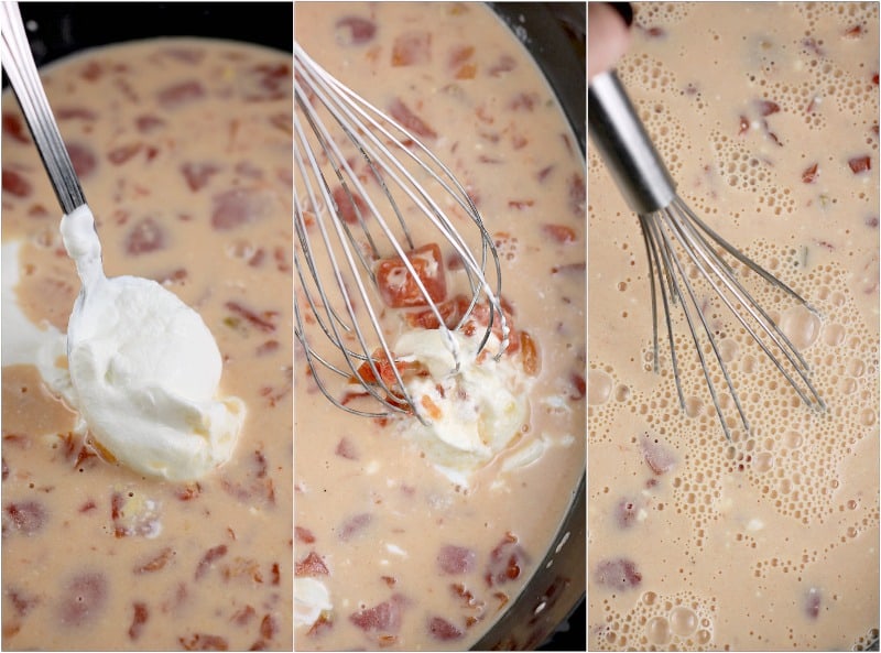 collage of three photos: left is a spoon adding the sour cream; center is a whisk stirring the sour cream in; right is a whisk in the creamy soup with the sour cream combined into the vegetarian soup recipe