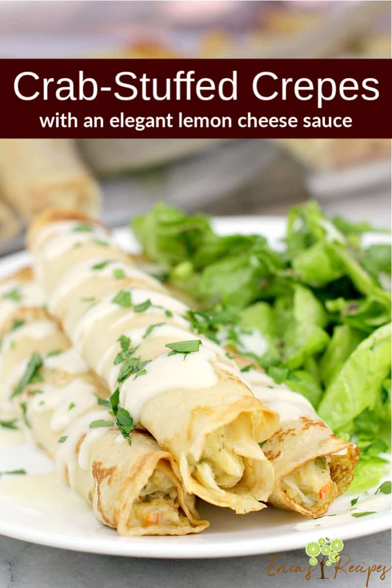 image for pinterest with text overlay Crab-Stuffed Crepes
