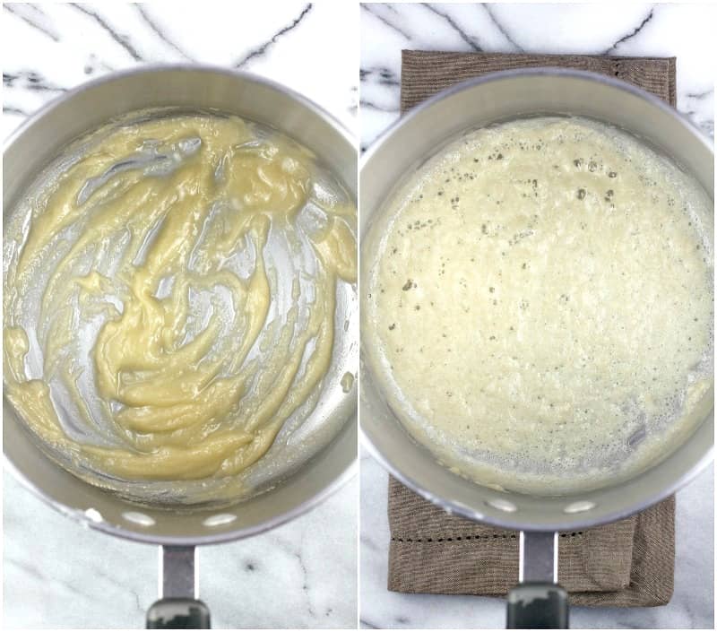 collage of 2 photos: left, butter and flour in pot; right, cooked roux