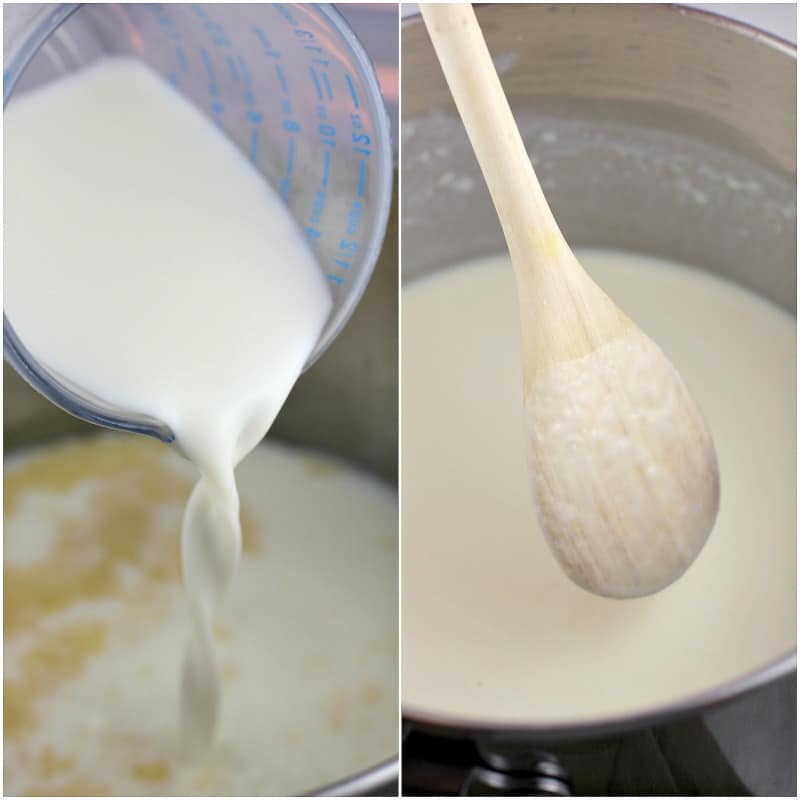 collage of 2 photos: left, milk pouring into pot; right, spoon stirring sauce