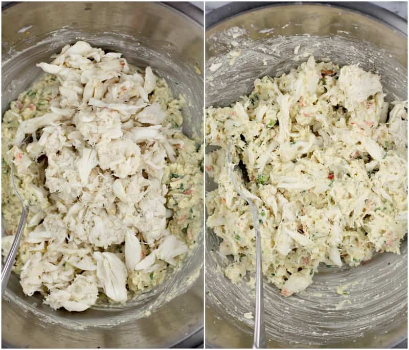 collage of 2 photos: left, crab filling ingredients; right, the ingredients mixed together