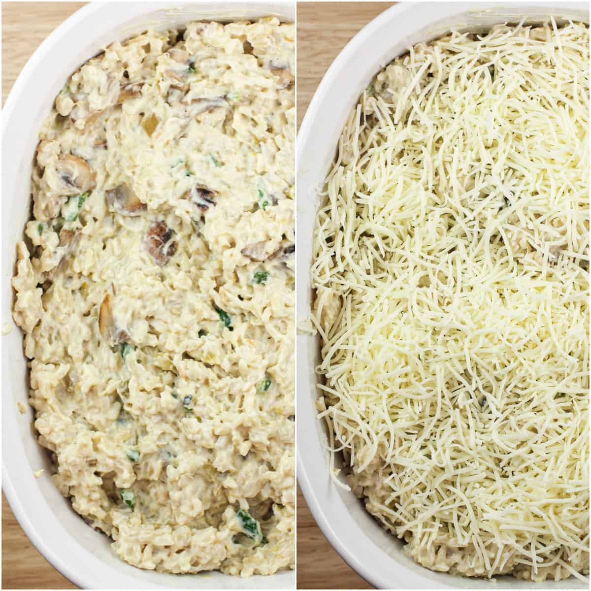 collage of 2 photos: left, green chile rice ingredients combined in white casserole dish; right, green chile rice topped with cheese before baking