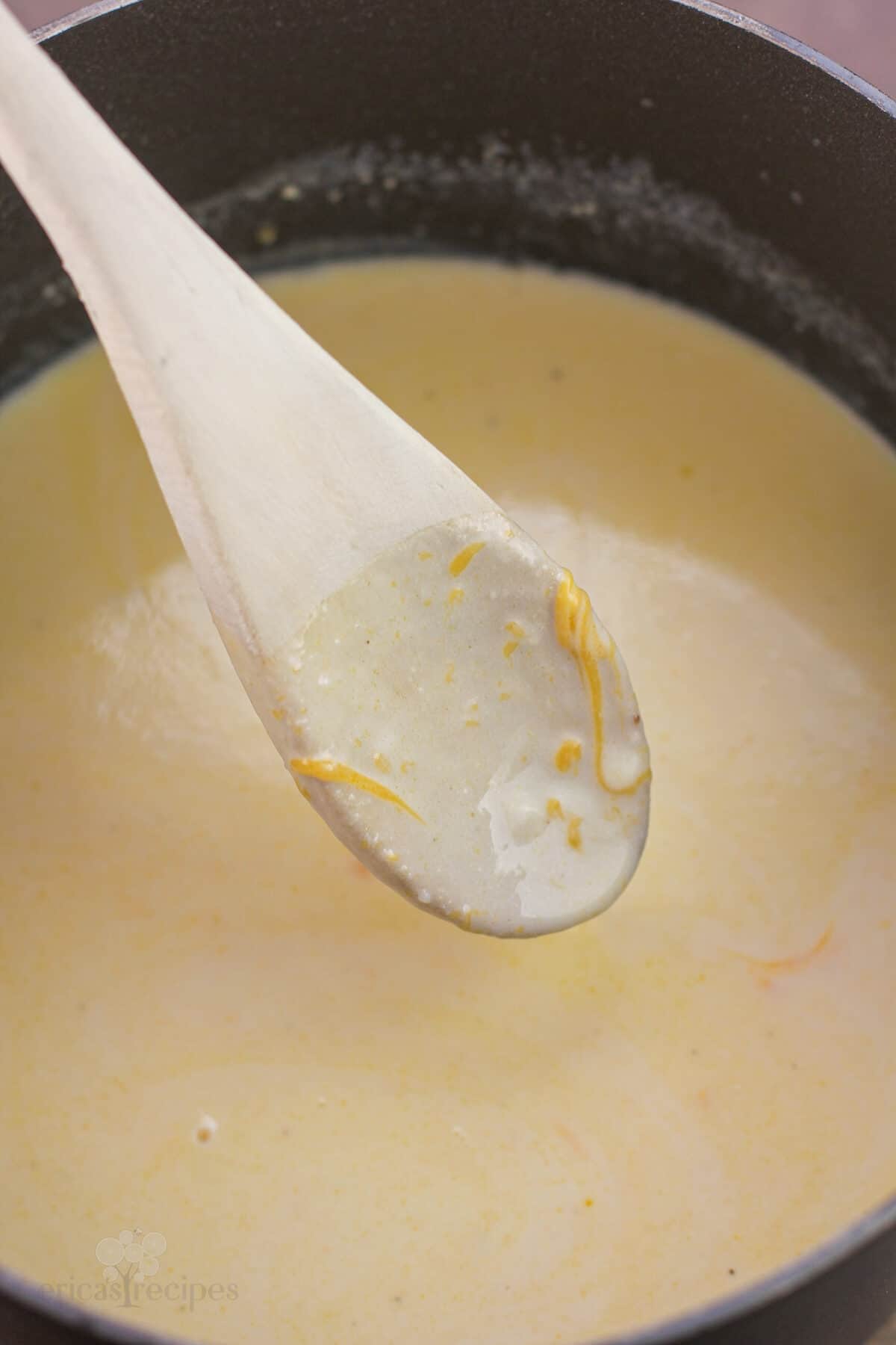 spoon with sauce on it and bits of cheese