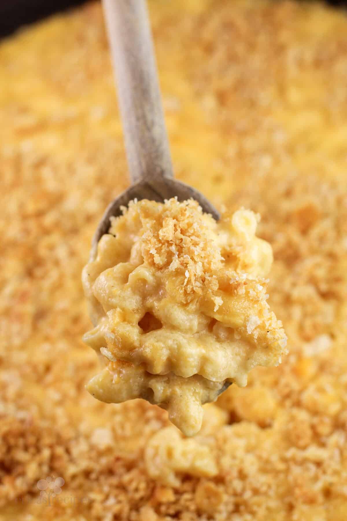 wood spoon holding creamy macaroni and cheese