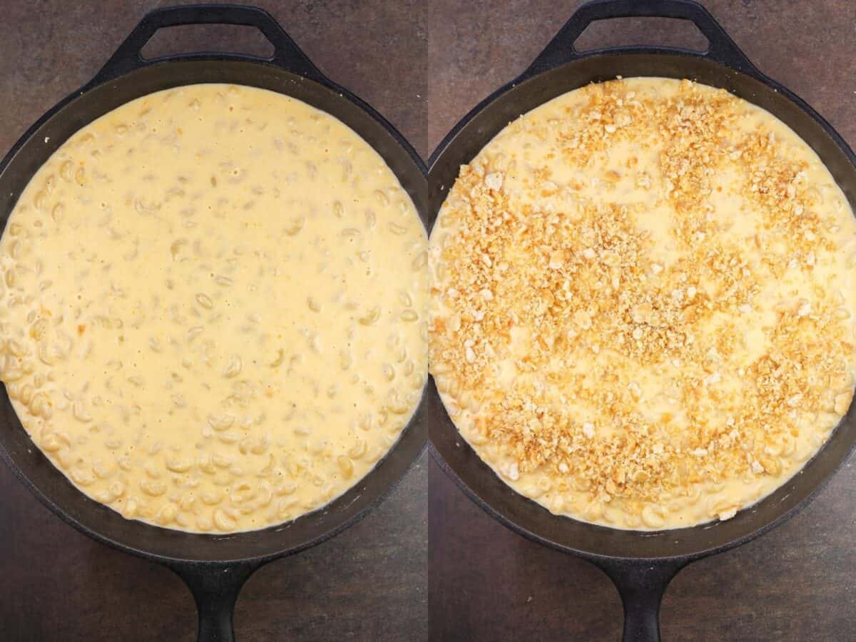 collage of 2 photos: uncooked and cooked macaroni and cheese in skillet