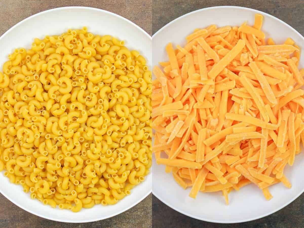 collage of 2 photos: uncooked macaroni and shredded cheddar cheese, both in white bowls