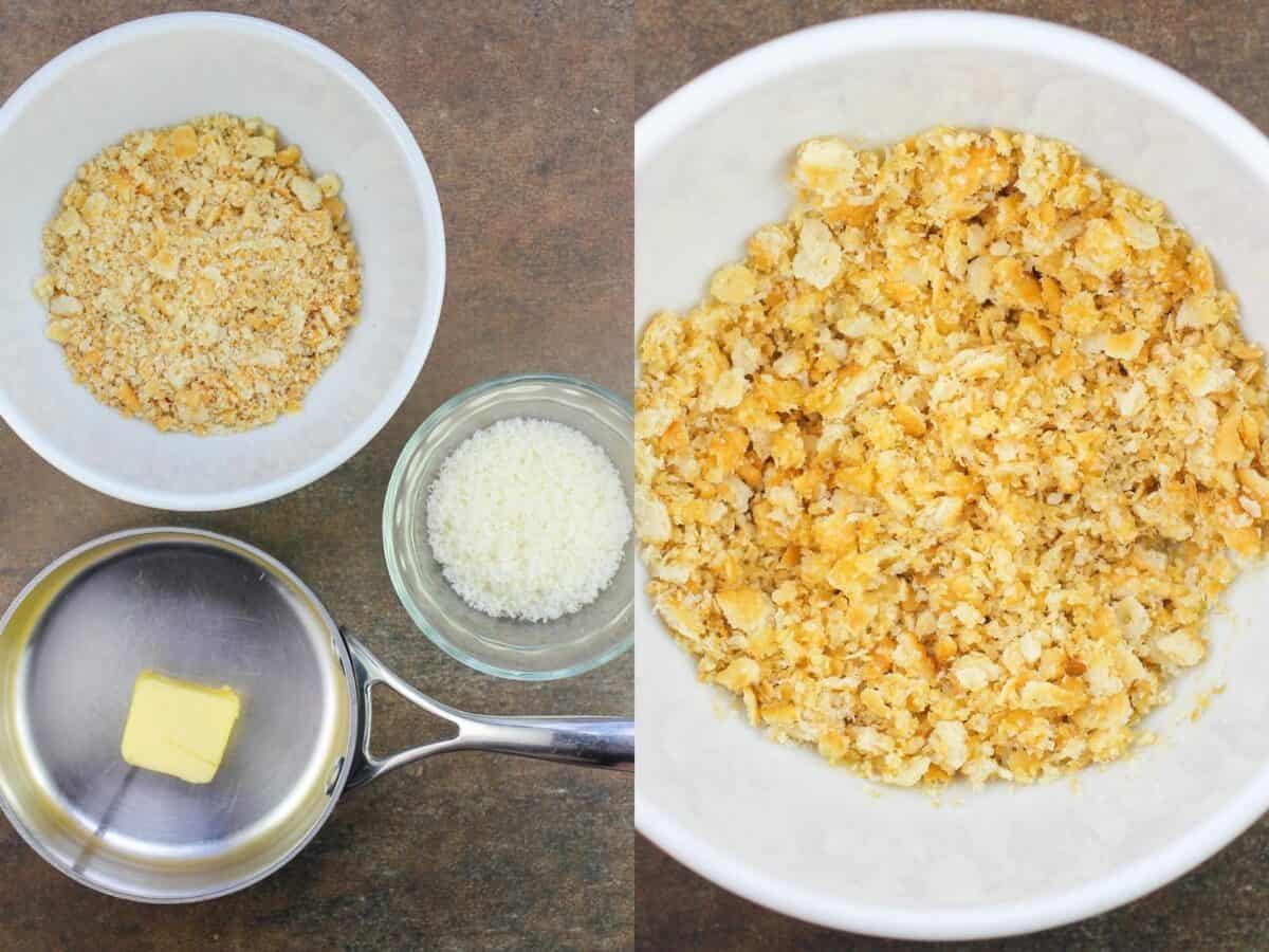 collage of 2 photos: left; topping ingredients; right, those ingredients combined