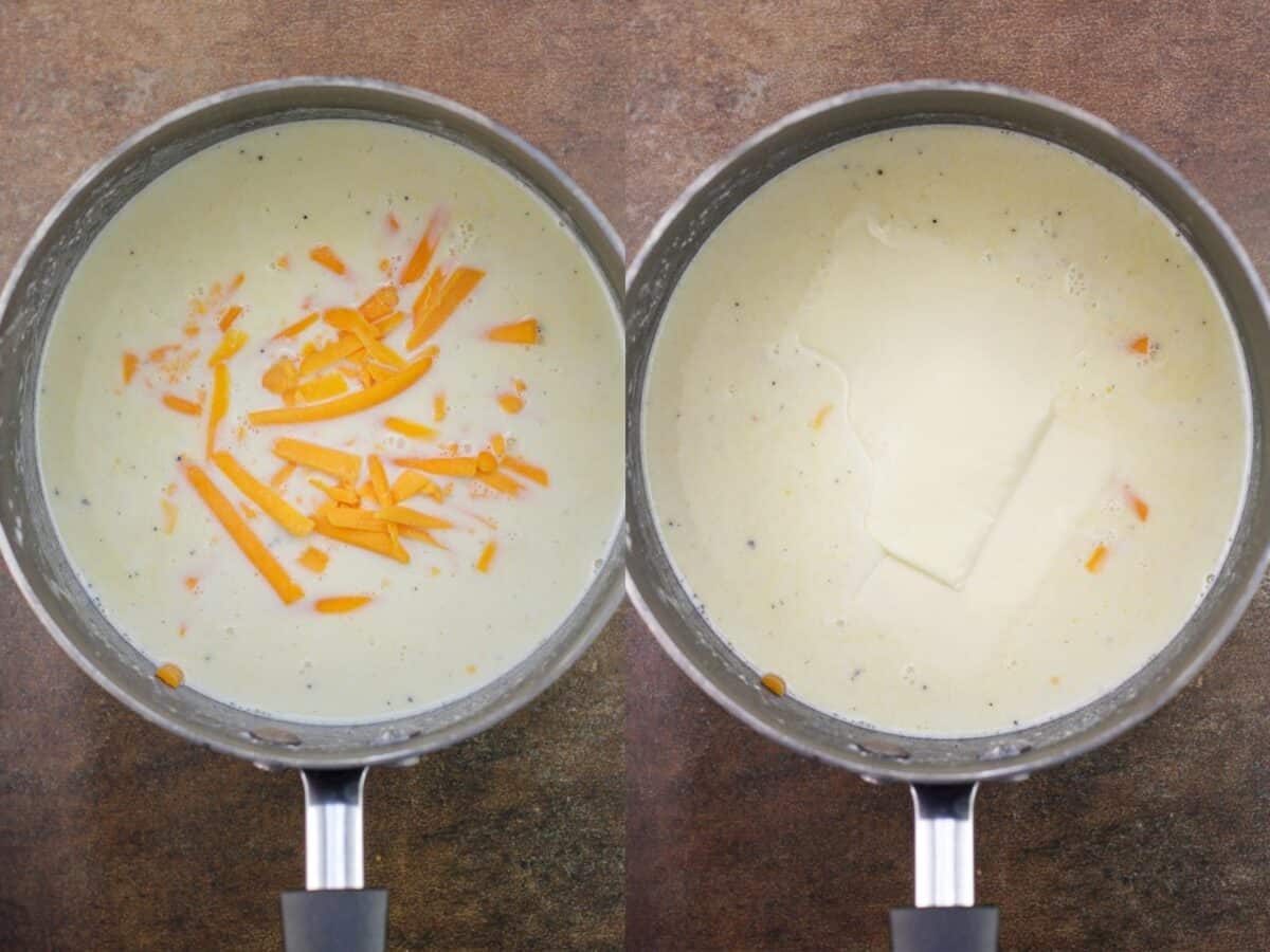 collage of 2 photos: left, cheddar added to bechamel sauce; right, white American cheese slices added to cheese sauce; both in saucepan