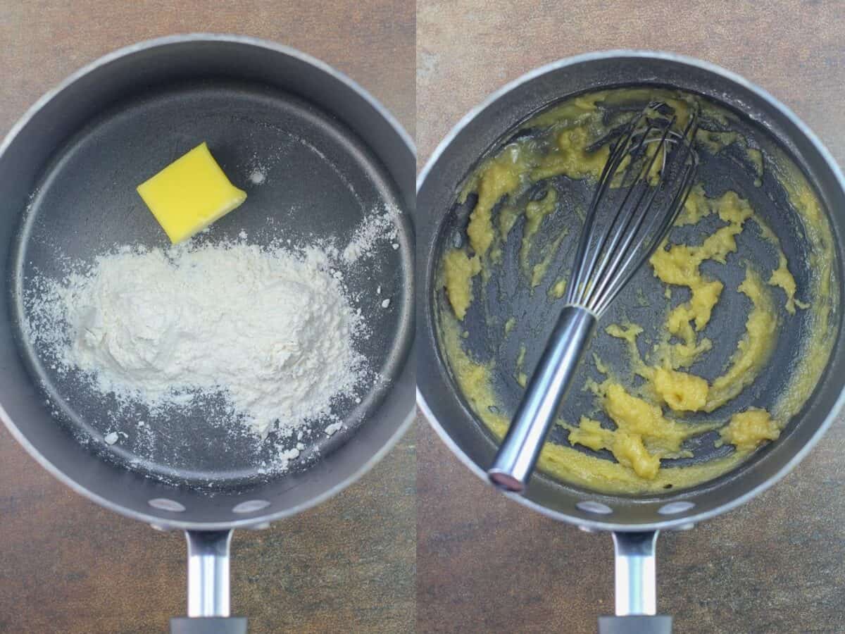 collage of 2 photos: left, butter and flour in saucepan; right, butter and flour combined in saucepan