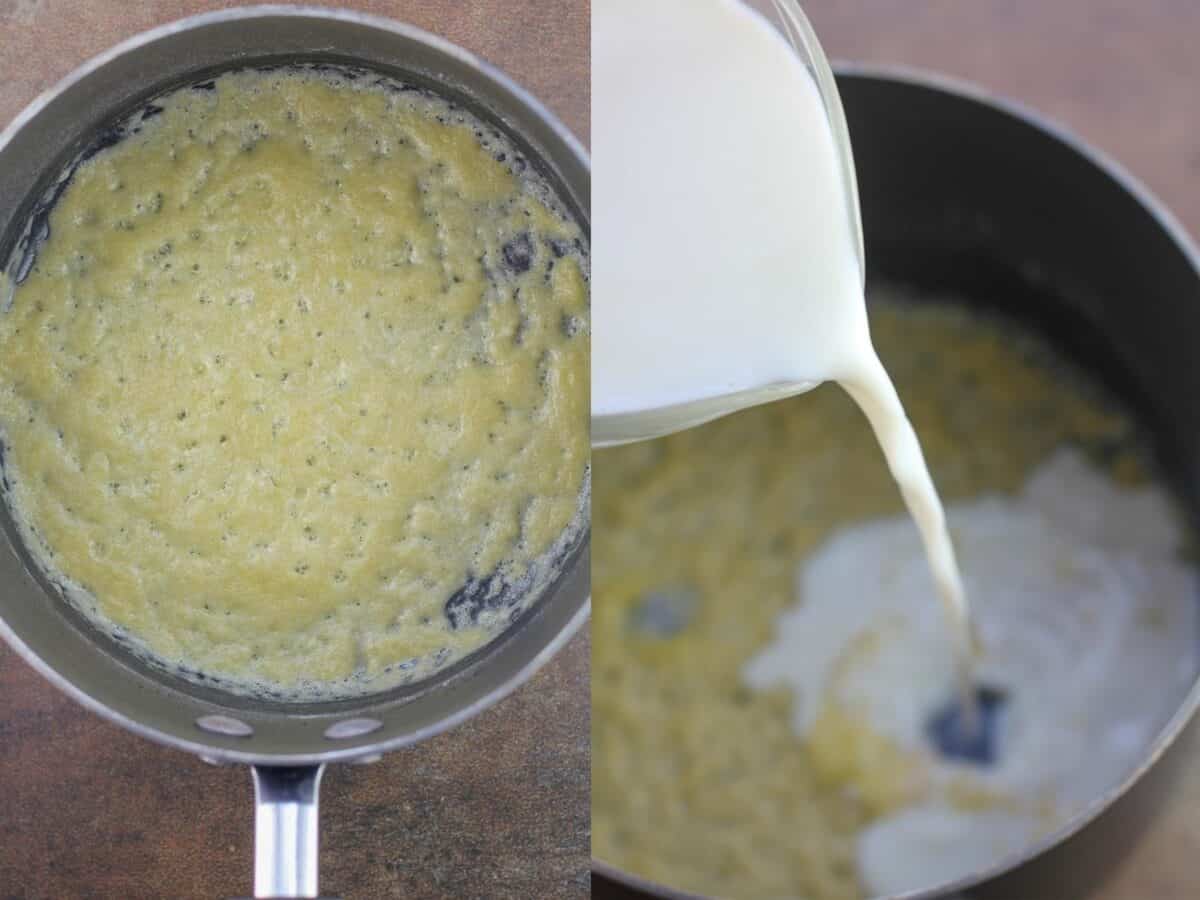 collage of 2 photos; left, roux cooking in saucepan; right, milking pouring into roux in saucepan