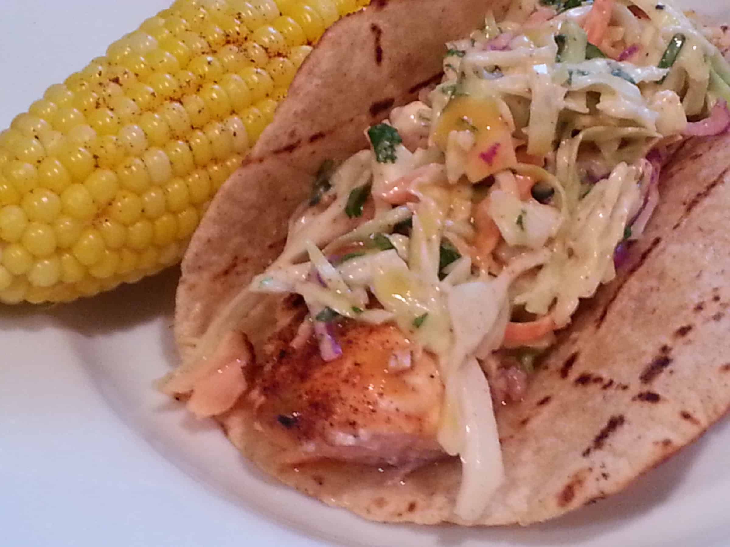 Salmon Tacos with Chipotle Cole Slaw and Orange-Jalapeno Sauce