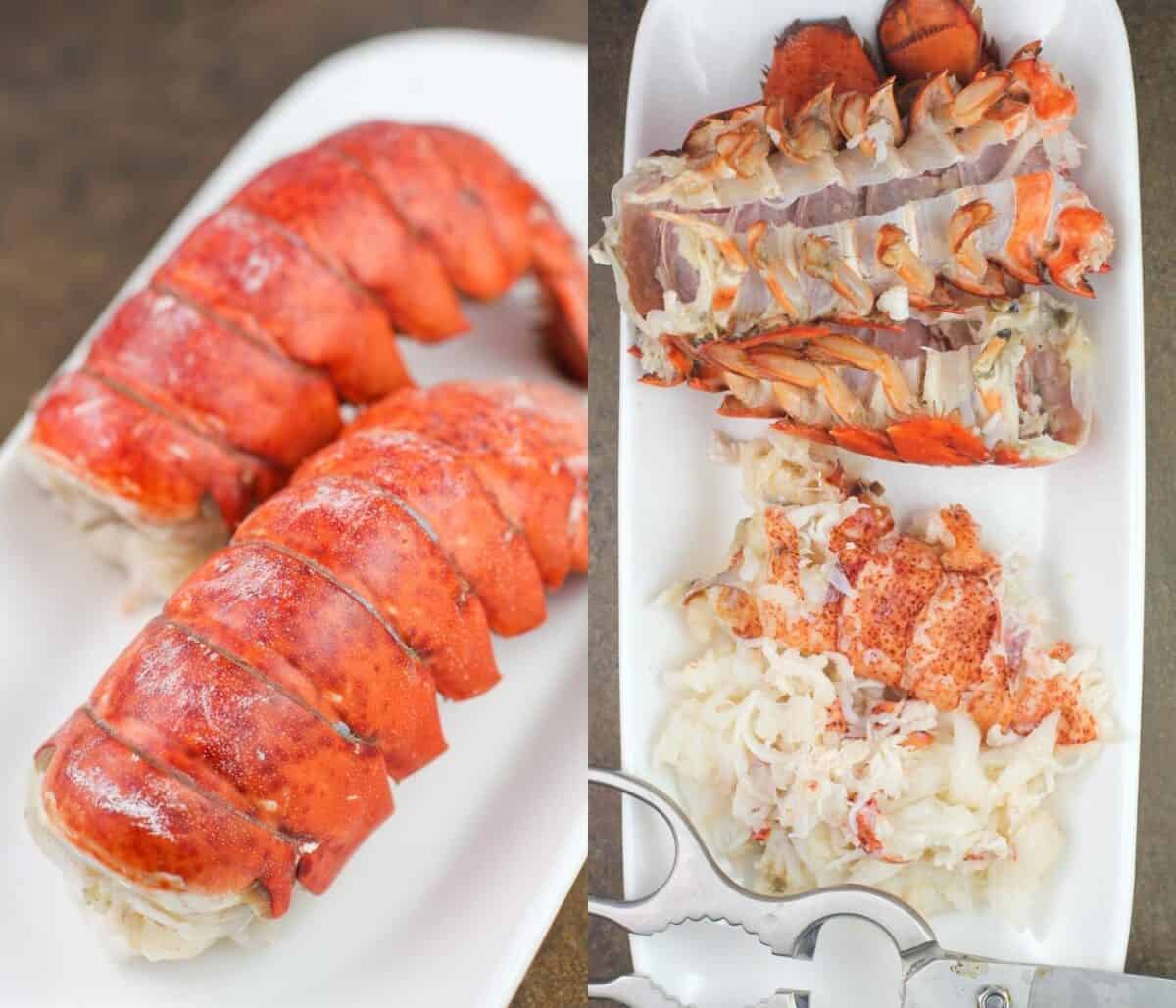 collage of 2 photos: left, cooked lobster tails, right, scissors, empty shells, and meat from lobster tails on white plate