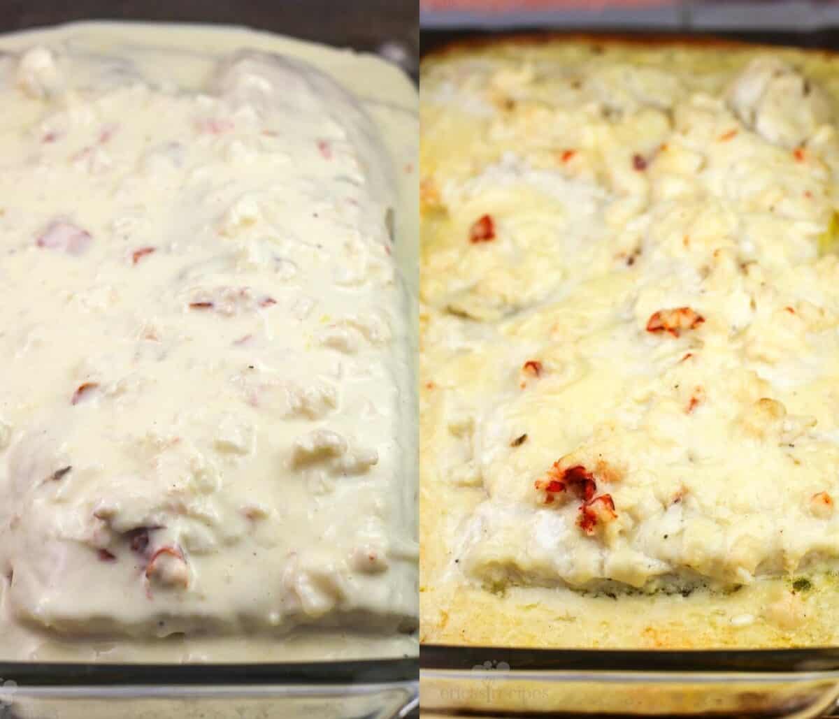 collage of 2 photos: left, raw haddock topped with sauce; cooked haddock and lobster sauce in clear bake dish