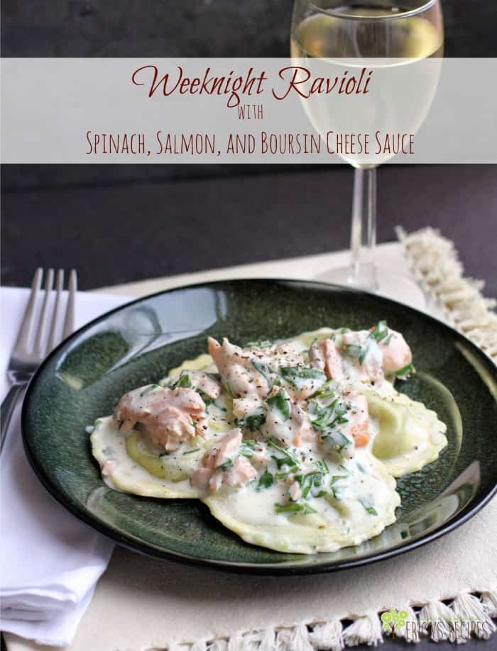 Weeknight Ravioli with Spinach, Salmon, and Boursin Cheese Sauce #recipe #food #salmon #seafood #dinner #pasta #easyrecipe #boursin