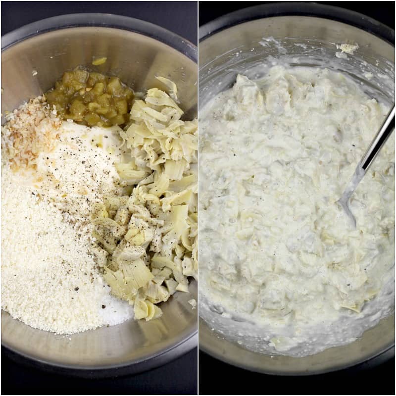 collage of 2 photos: left, ingredients in a metal bowl; right, ingredients mixed together with spoon