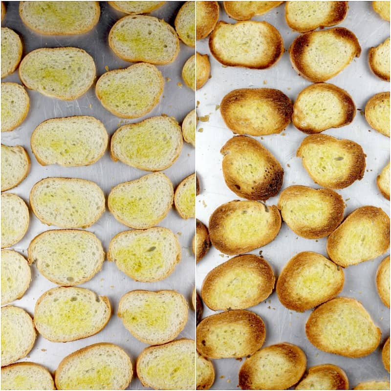 collage of 2 photos: left, slices of baguette with olive oil; right, toasted crostini