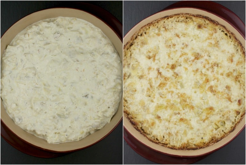 collage of 2 photos: left, uncooked recipe in bake plate; right, cooked dip golden on top