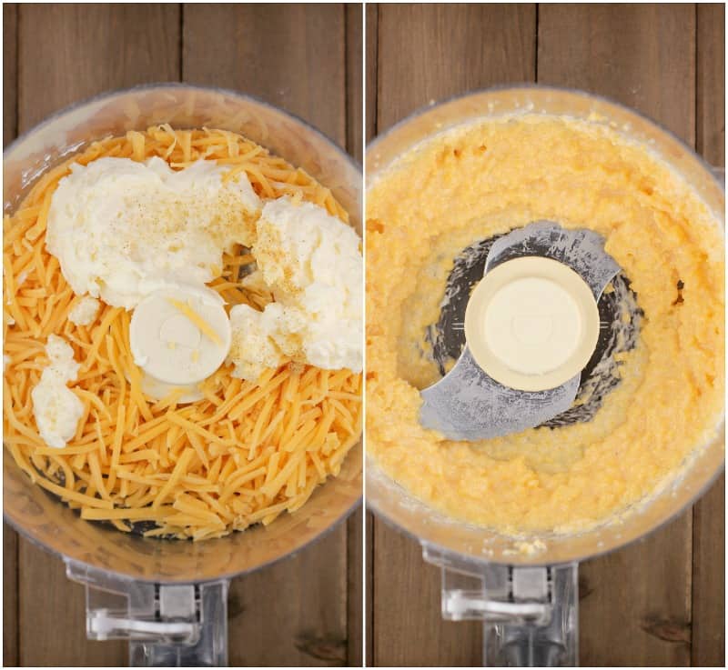 collage of 2 photos: left, cheese and mayonnaise in a food processor; right, smooth mixture after blending in the food processor
