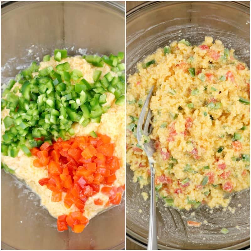 collage of 2 photos: left, blended cheese, jalapeno, and pimento added to a glass bowl; right, the same ingredients after mixing with a fork