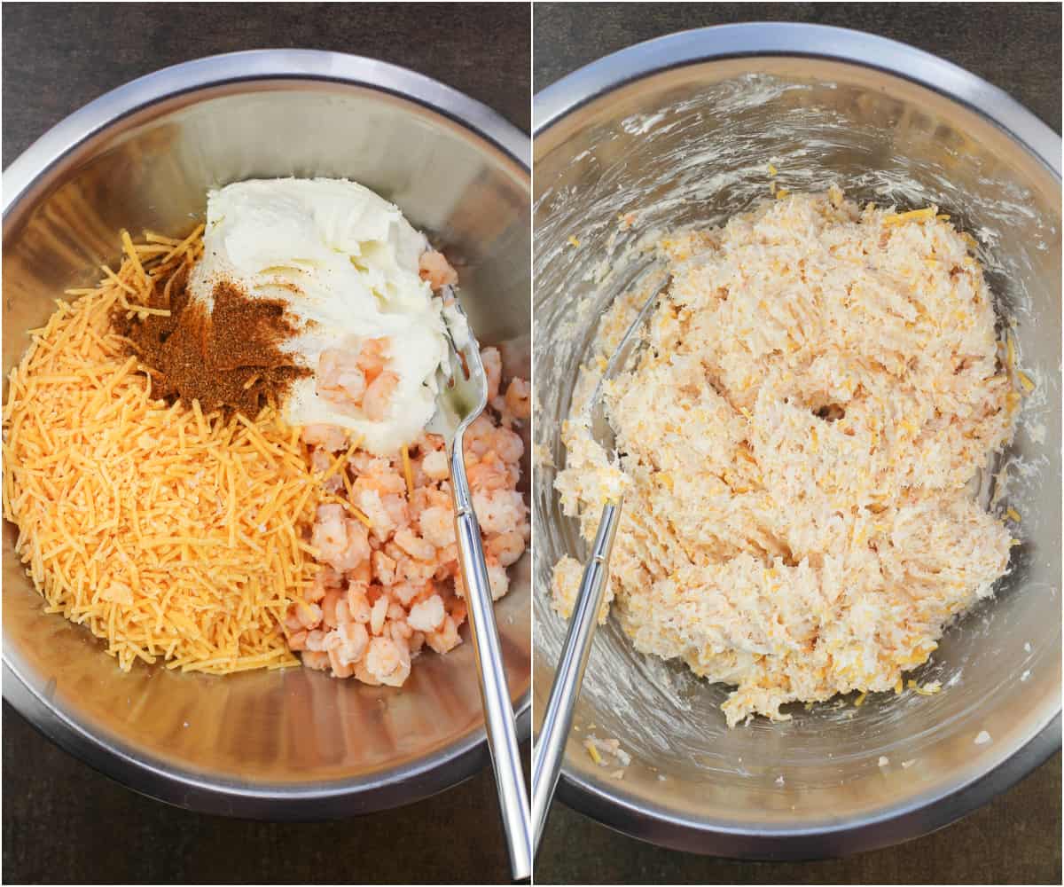collage of 2 photos; left, shrimp dip ingredients in metal bowl; right, ingredients combined with fork