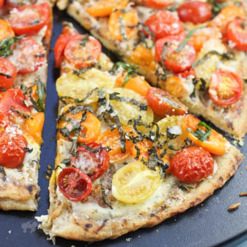 slice of tomato basil and boursin pizza