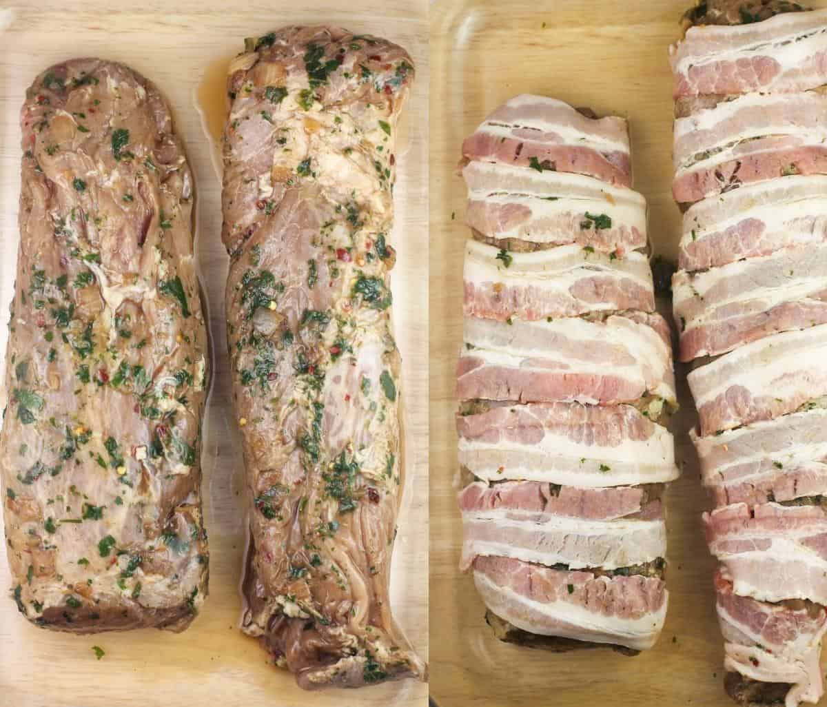 collage of 2 photos; left, marinated pork in bake dish; right, bacon-wrapped pork prior to cooking