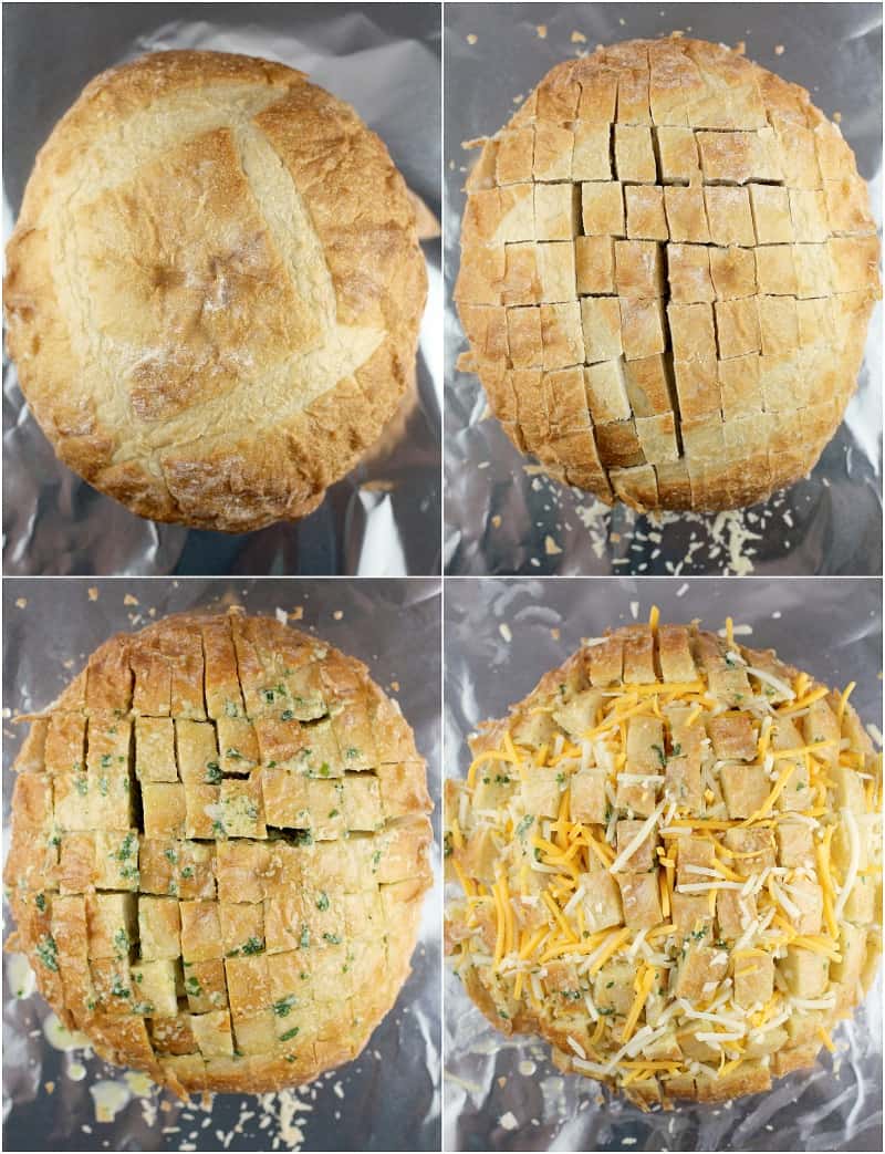 collage of 4 photos showing the process to make the stuffed bread: uncut bread loaf; cut bread loaf; the loaf with the butter mixture in the cracks; cheese stuffed in the cracks