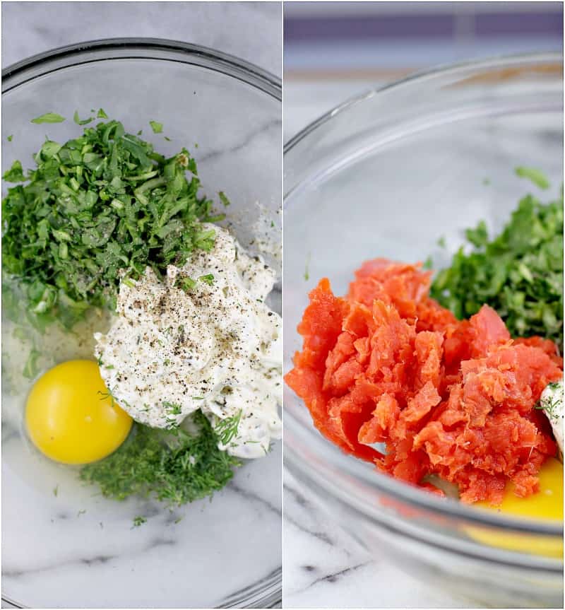 collage showing the ingredients in a bowl on the left, then with salmon on the right