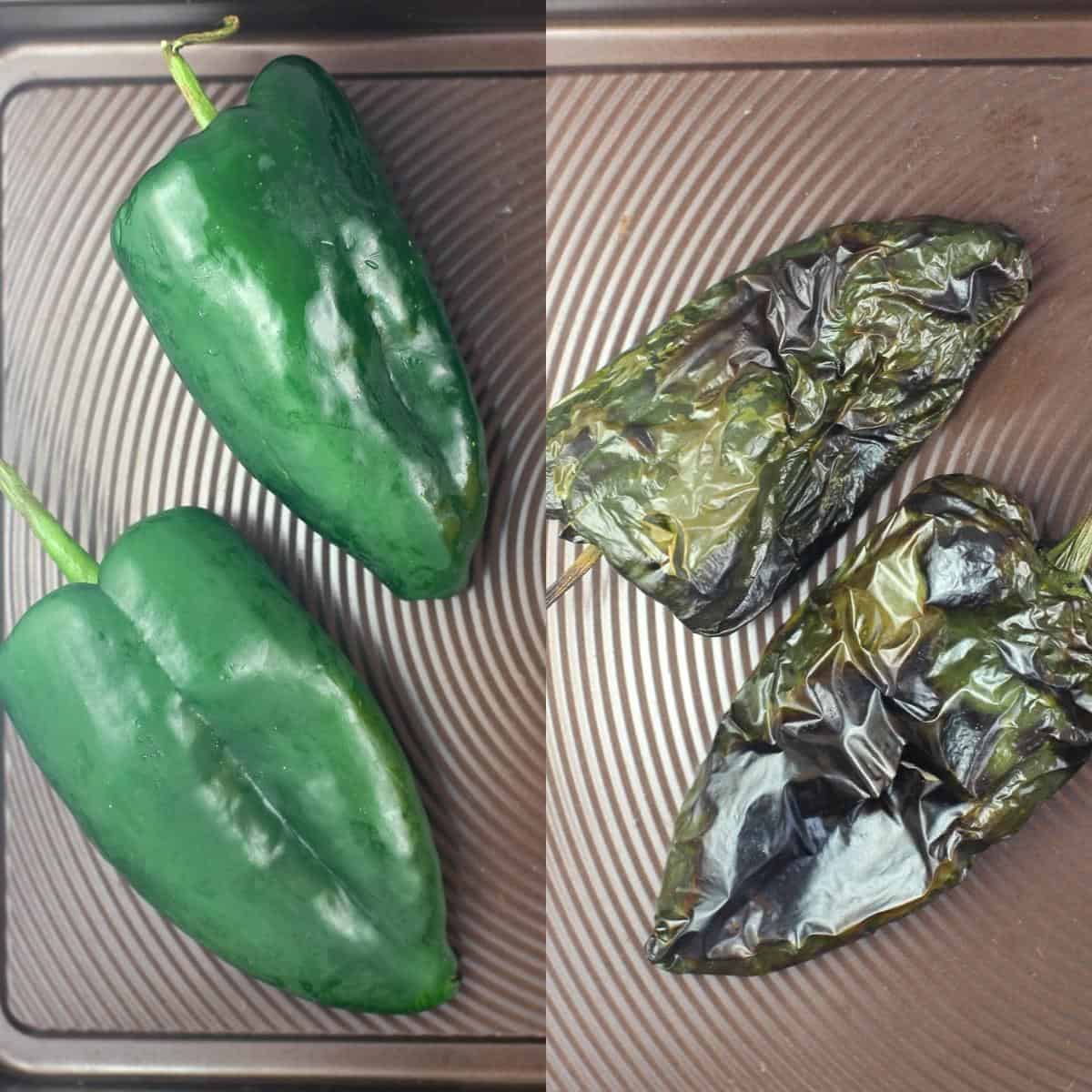 collage of 2 photos: left, 2 poblano peppers; right, roasted poblano peppers