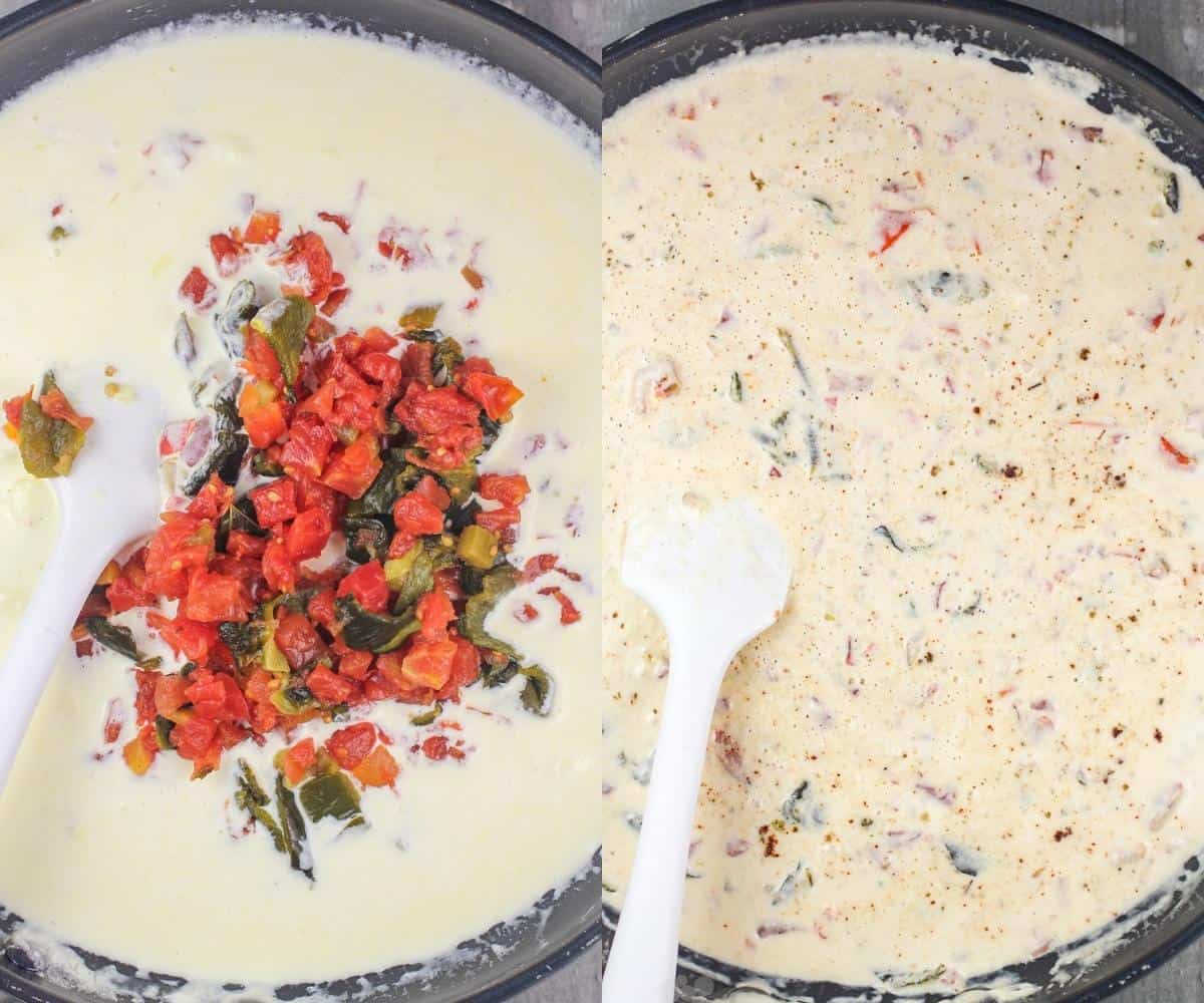 collage of 2 photos: left, tomatoes and poblano pepper added to spicy alfredo sauce; right, mixture combined