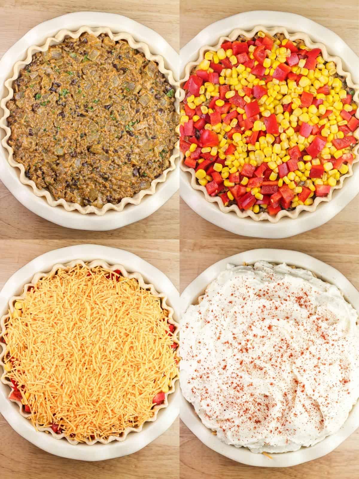 collage of 4 photos showing layers in pie crust: meat, red pepper and corn, cheese, mashed potatoes