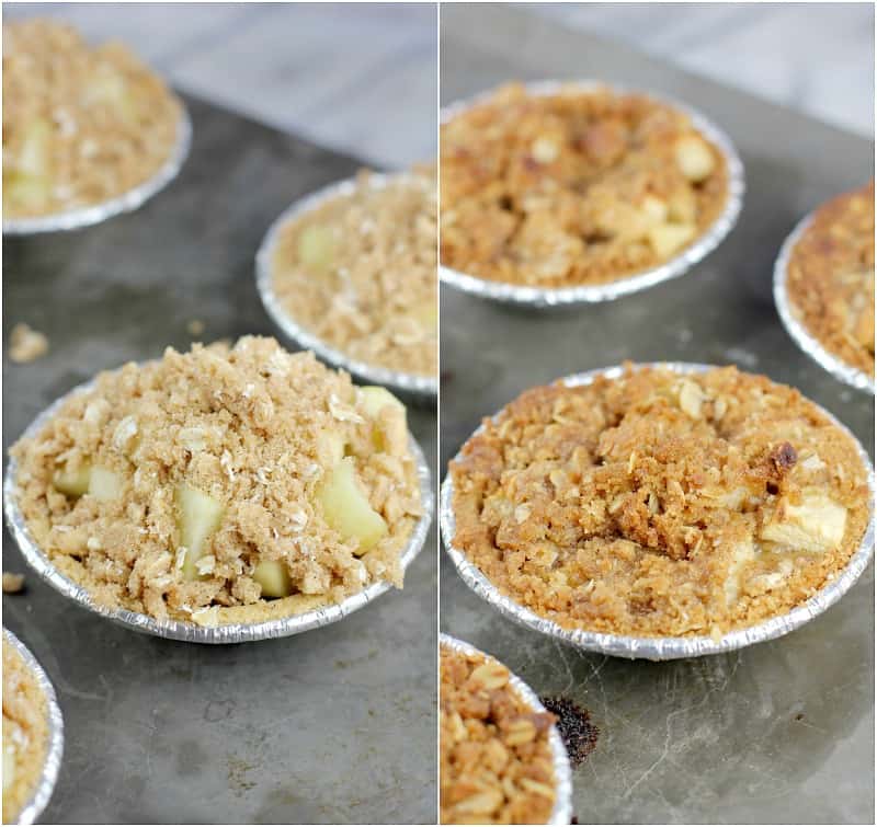 collage of 2 photos: uncooked mini pie on the left; cooked pie on the right