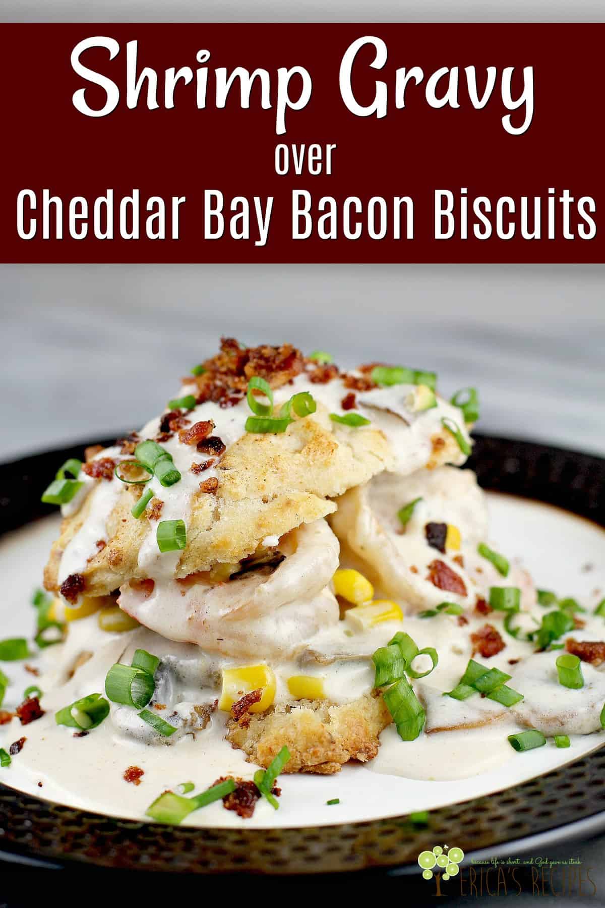This epic recipe for Shrimp Gravy over Cheddar Bay Bacon Biscuits is as delicious as it is fun to make. Cream gravy with shrimp, over copycat Red Lobster biscuits made even better with bacon. Make this biscuits and gravy recipe for a delicious, creative seafood recipe with a low-country vibe. #breakfast #redlobstercopycat #biscuitsandgravy #cheddarbaybiscuits #shrimpgravy #food #seafoodrecipe #shrimprecipe #cheddarbaconbiscuits