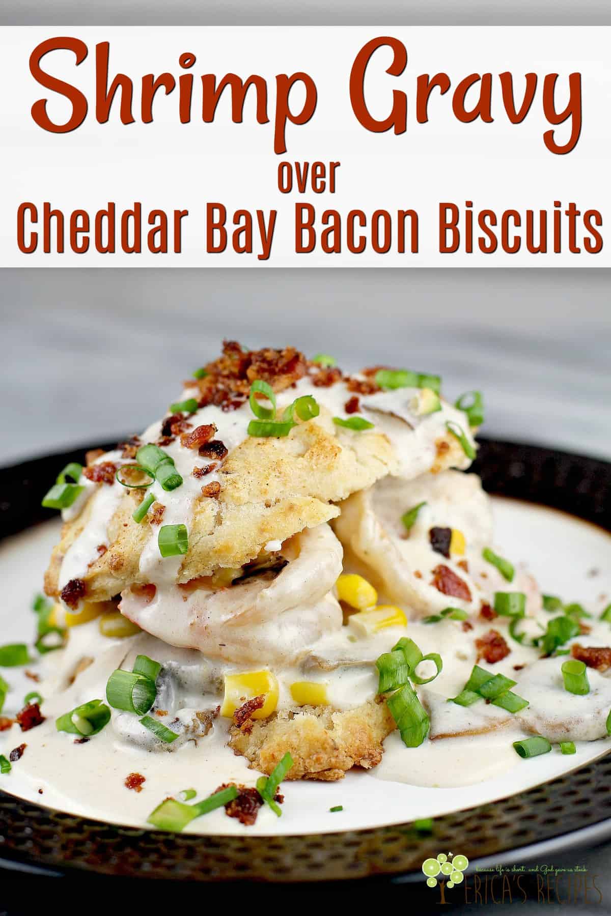 This epic recipe for Shrimp Gravy over Cheddar Bay Bacon Biscuits is as delicious as it is fun to make. Cream gravy with shrimp, over copycat Red Lobster biscuits made even better with bacon. Make this biscuits and gravy recipe for a delicious, creative seafood recipe with a low-country vibe. #breakfast #redlobstercopycat #biscuitsandgravy #cheddarbaybiscuits #shrimpgravy #food #seafoodrecipe #shrimprecipe #cheddarbaconbiscuits