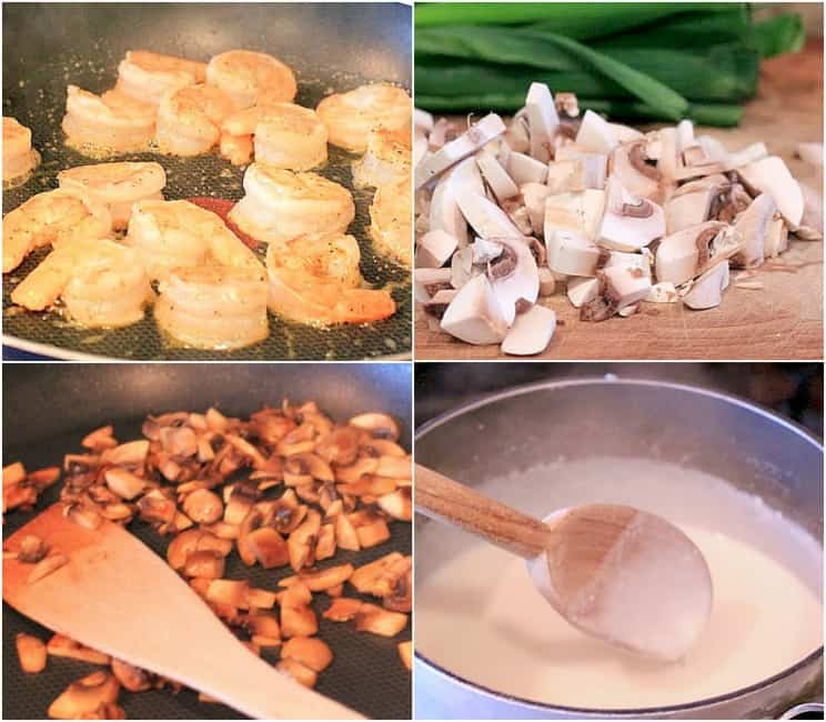 collage of 4 photos: shrimp cooking in a skillet; mushrooms chopped on cutting block; mushrooms browning in skillet; spoon stirring cream gravy in saucepan