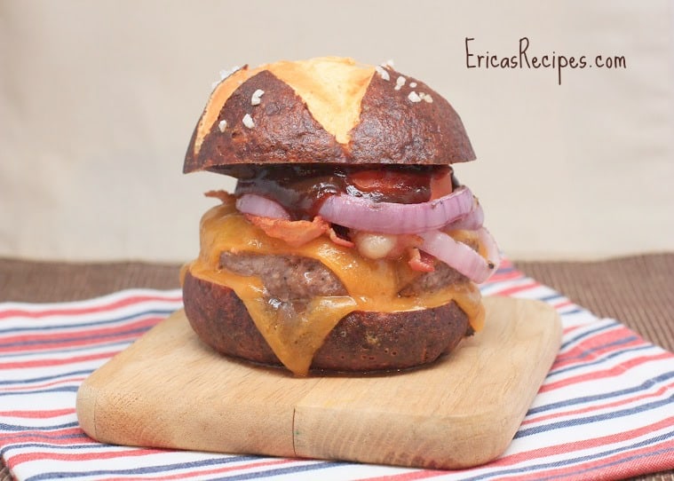 BBQ Bacon Double Cheeseburgers on Homemade Pretzel Buns