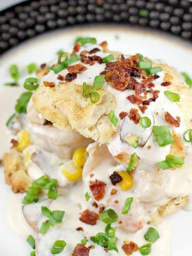 Biscuits and Gravy with Shrimp and Bacon