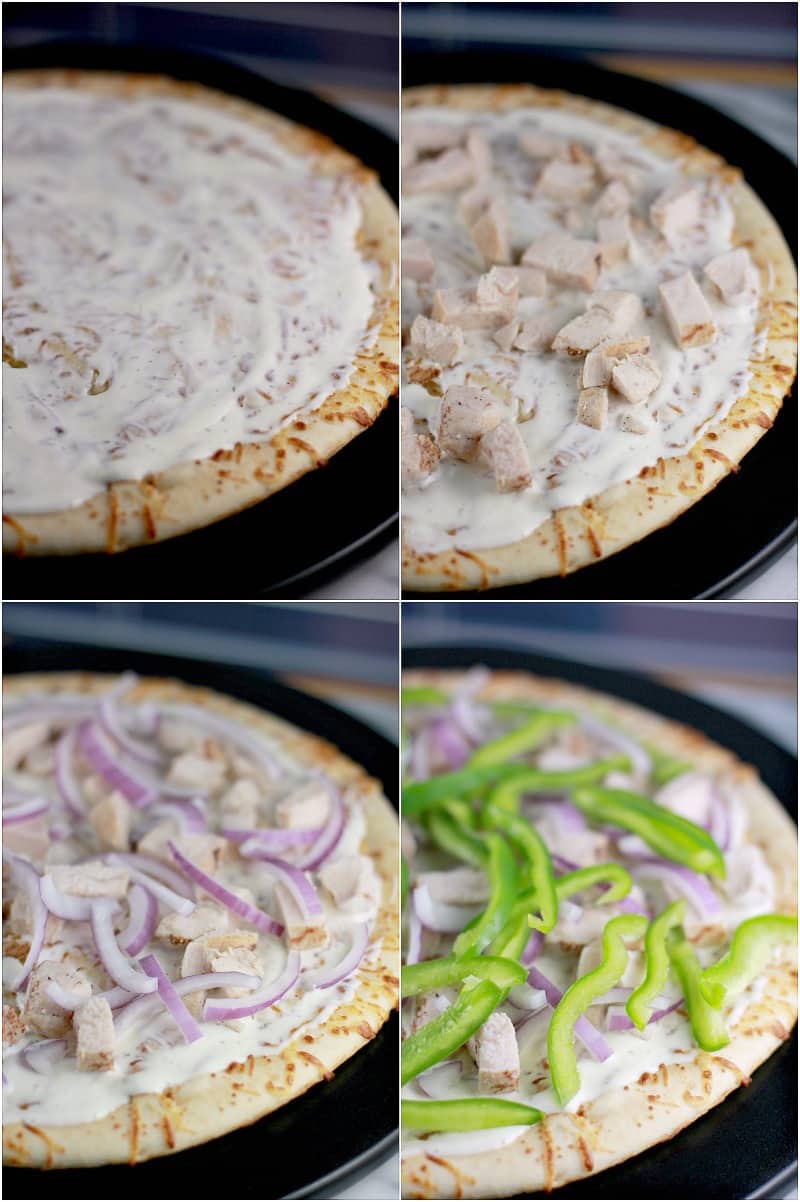 Collage of four photos showing the layers of pizza toppings on the pizza crust; ranch, turkey, onion, and green bell pepper