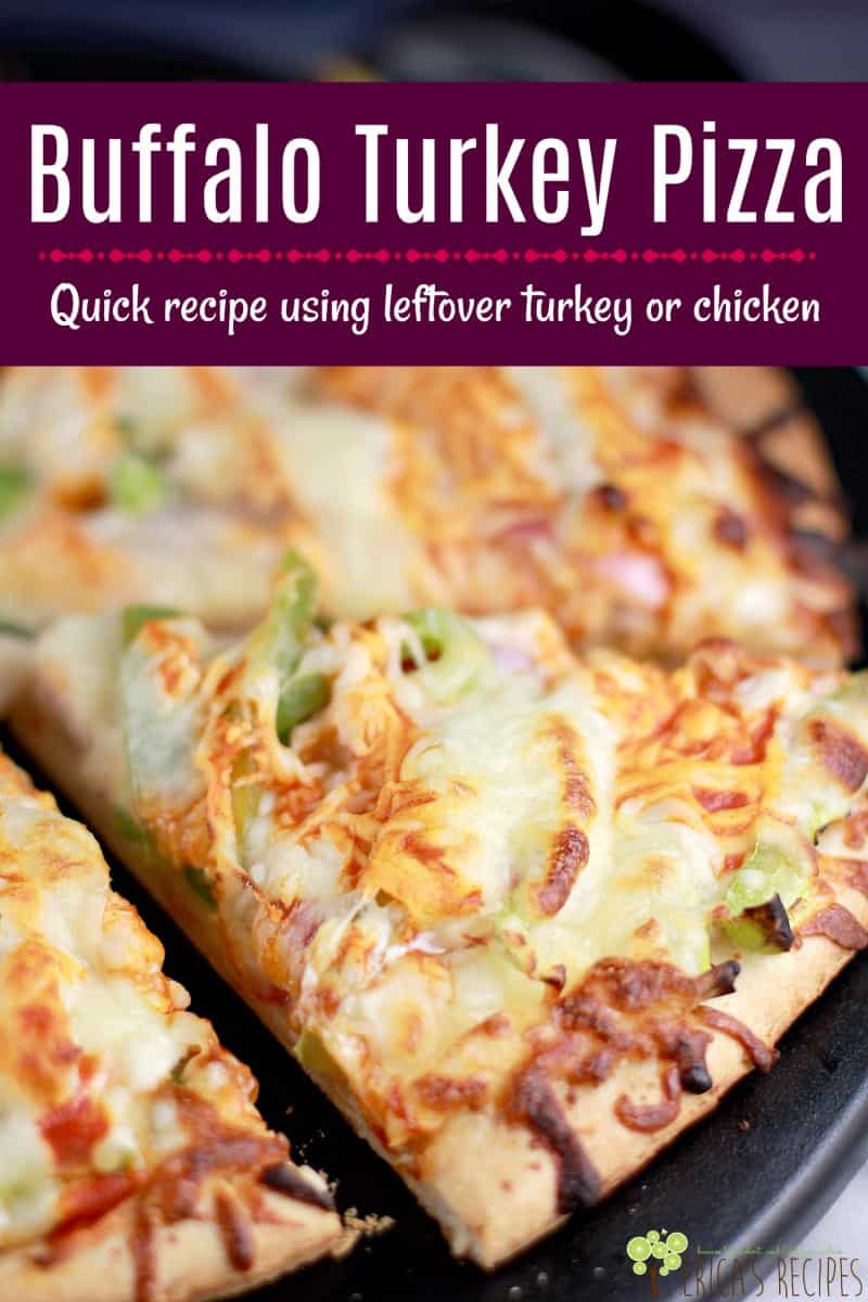 Buffalo Turkey Pizza is a tasty and clever leftover turkey recipe. And it works perfectly with chicken too for Buffalo Chicken Pizza. #pizza #thanksgiving #turkey #easyrecipe #easydinner #buffalochicken