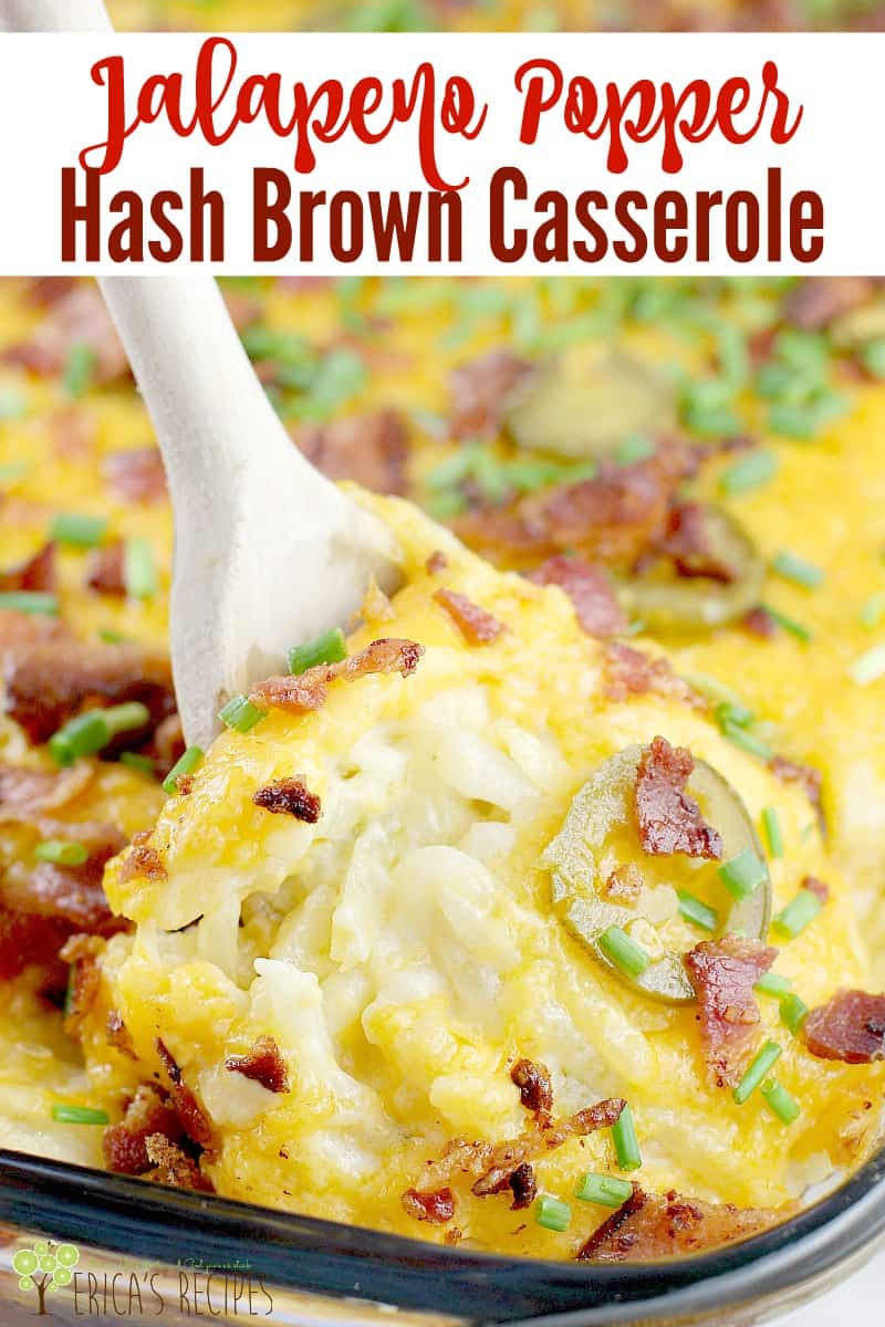 Creamy, cheesy hashbrown casserole recipe, kicked up with bacon and jalapeno. This crowd-pleasing, pot-luck perfect Jalapeno Popper Hash Brown Casserole recipe is made for sharing. #recipe #food #jalapenopopper #breakfastcasserole #potatocasserole #cheesyhashbrown #breakfast #hashbrown