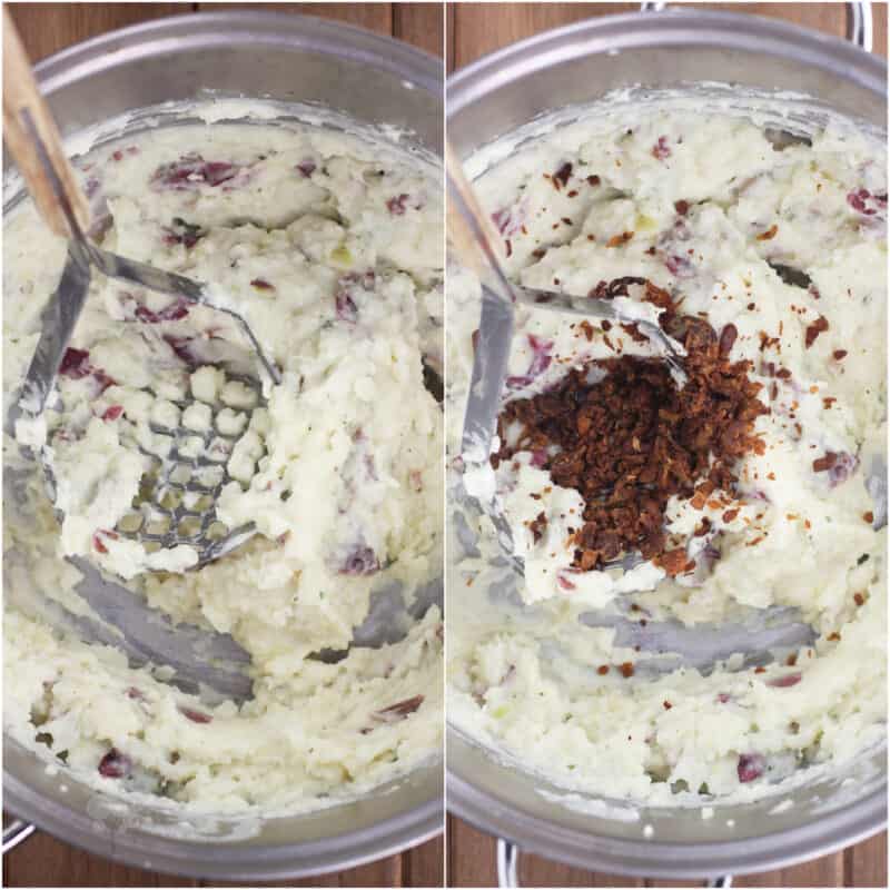 collage of 2 photos: left, ranch mashed potatoes in pot with masher; right, bacon added to potatoes