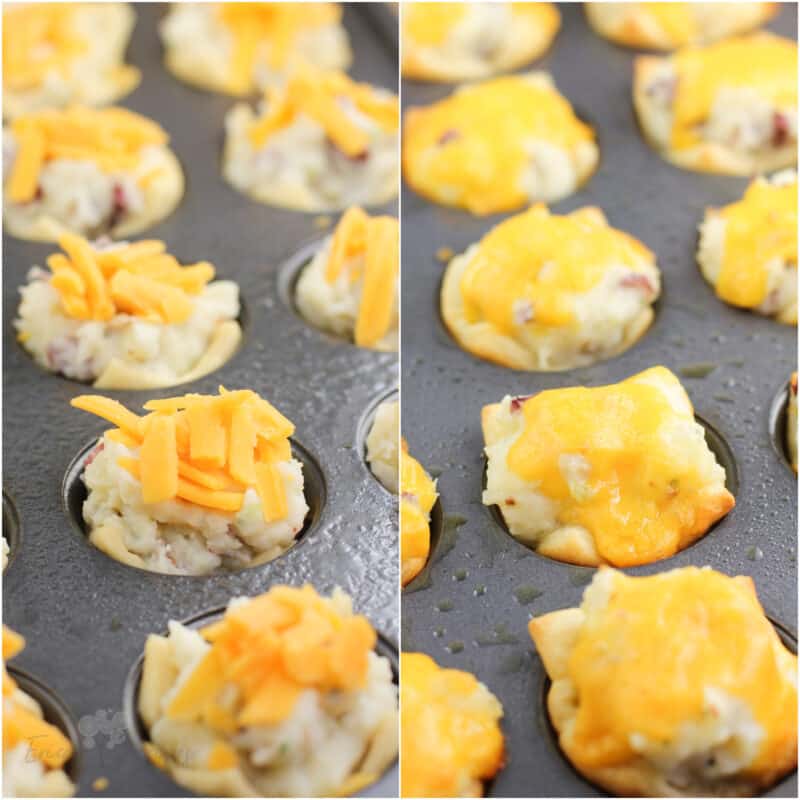 collage of 2 photos: left, uncooked potato cups topped with cheese; right, cooked potato cups