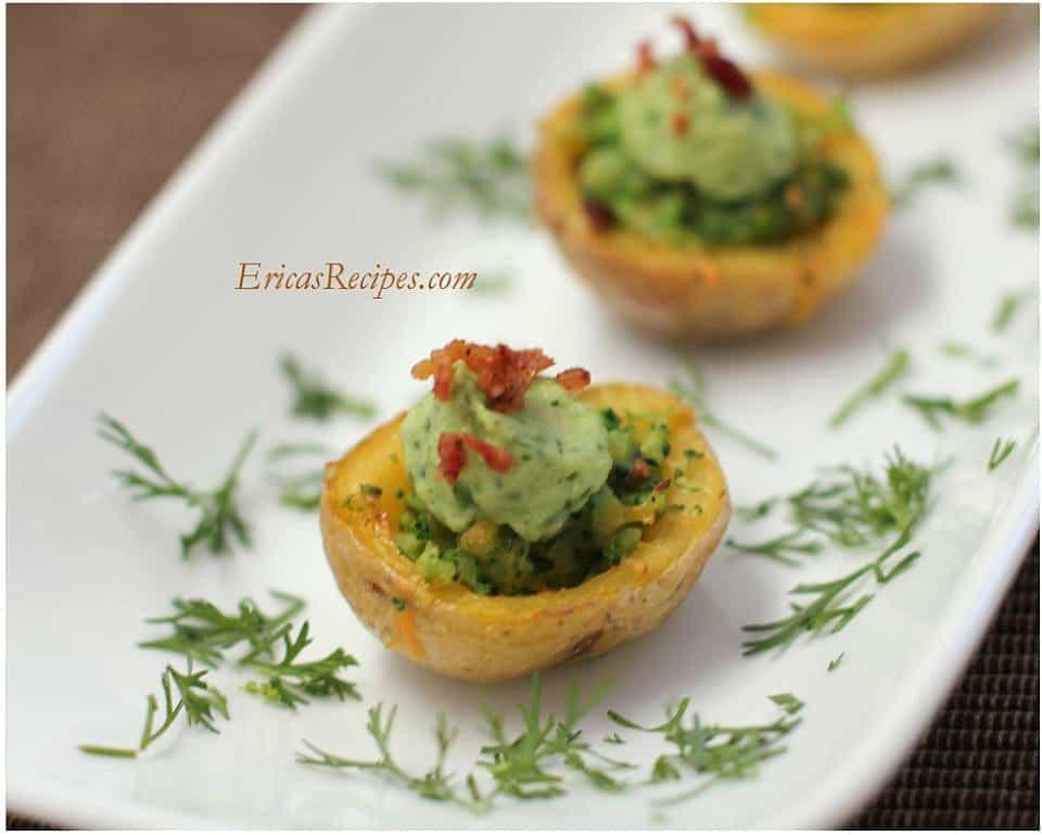 Broccoli-Cheese Potato Skins with Avocado Cream