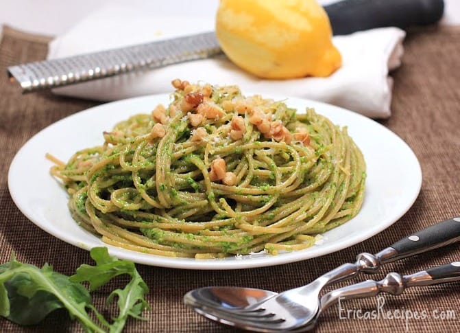 Whole Wheat Spaghetti with Arugula, Spinach, and Walnut Pesto