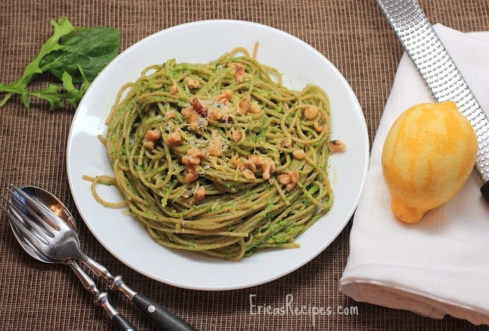 Whole Wheat Spaghetti with Arugula, Spinach, and Walnut Pesto
