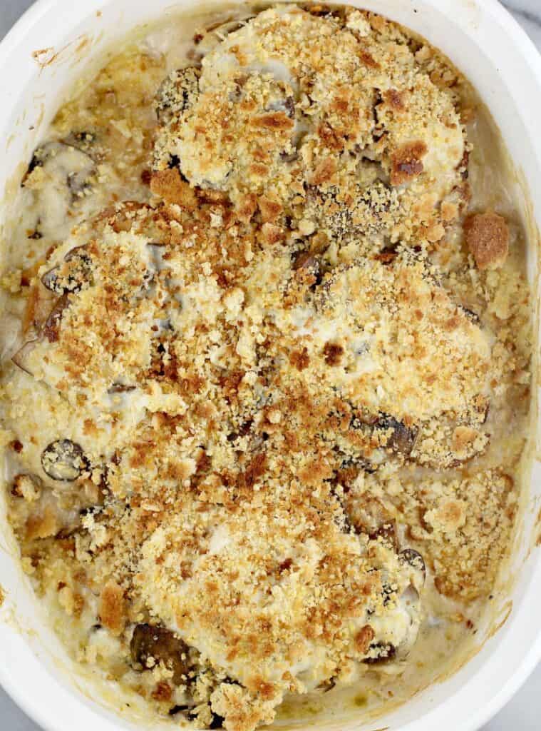 top view of cooked casserole to show the lightly browned cornbread stuffing topping