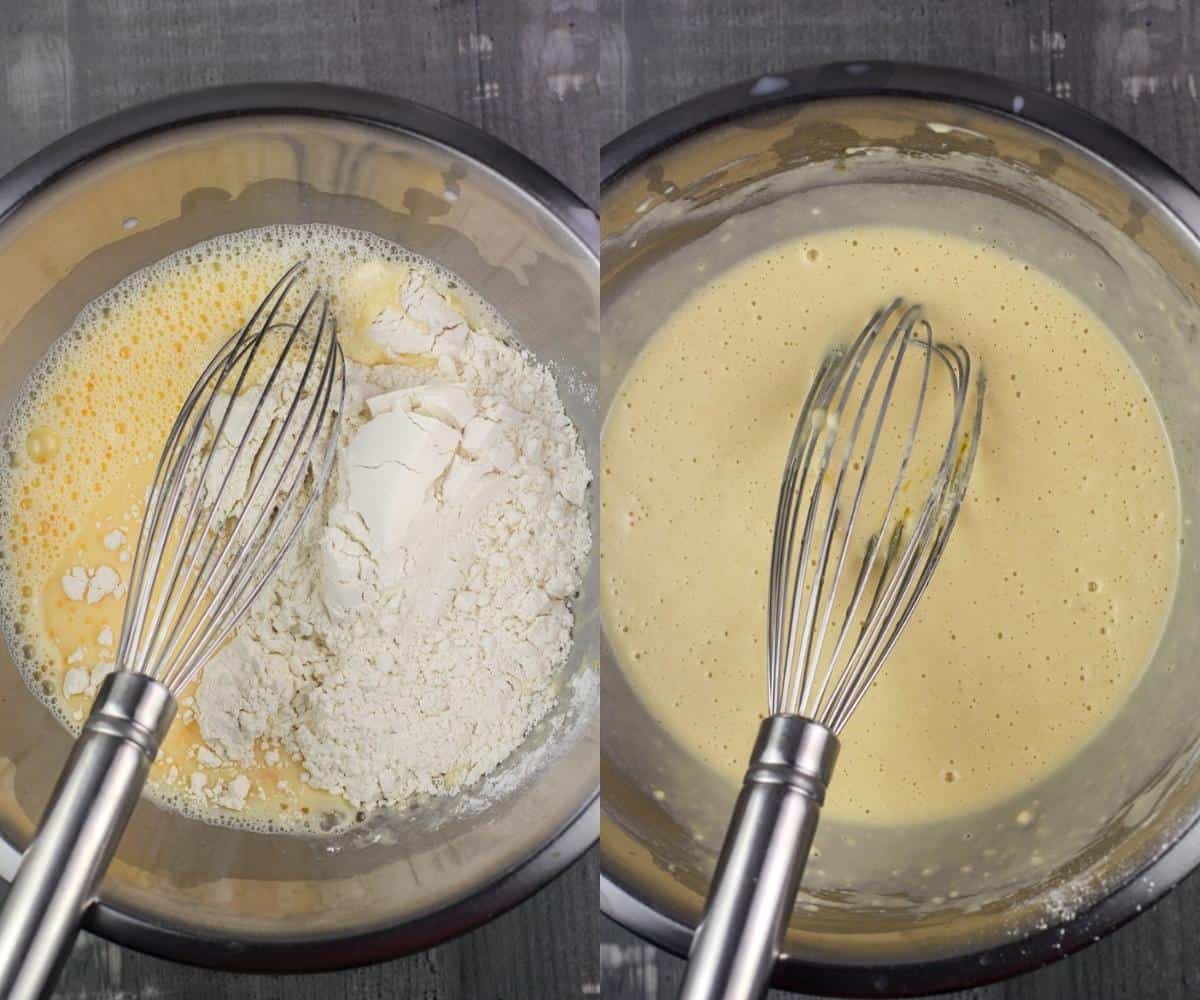 collage of 2 photos: left, ingredients in bowl; right, ingredients mixed