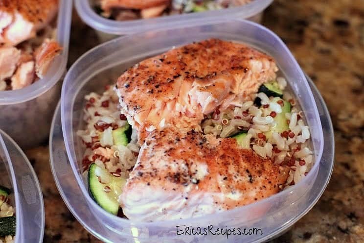 Baked Salmon with Brown Rice, Red Quinoa, and Zucchini