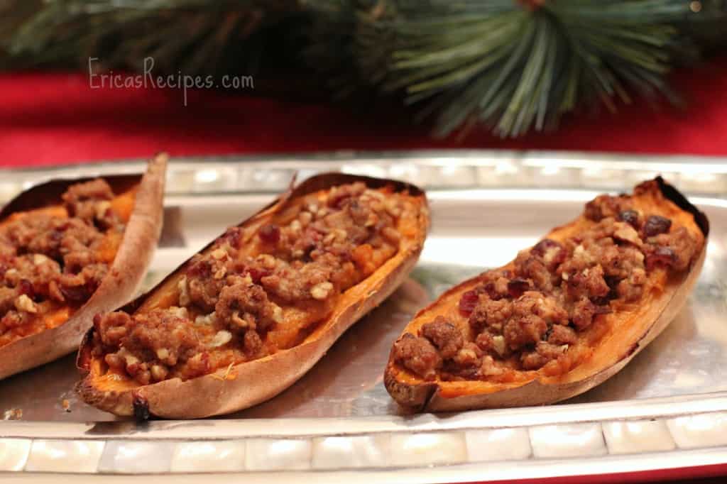 Twice Baked Sweet Potatoes with Cranberry and Biscoff Cookie Streusel